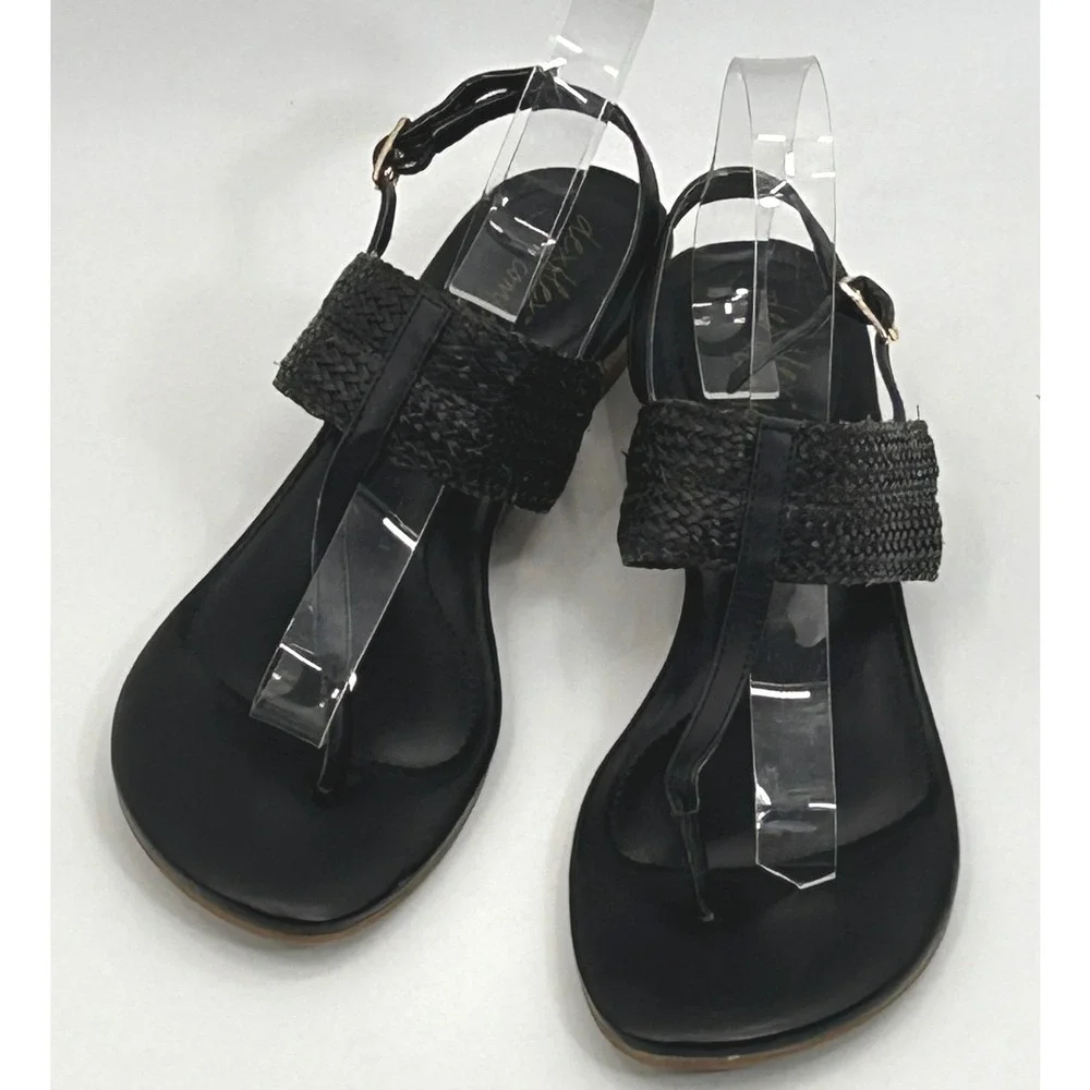 Dexflex Comfort Black Woven Cork Wedge Thong Sandals Women's Size 8 Coastal